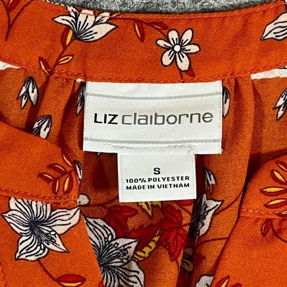 Liz Claiborne Blouse Womens Small Orange Floral Cap Sleeve V-Neck Boho Office - Picture 7 of 12